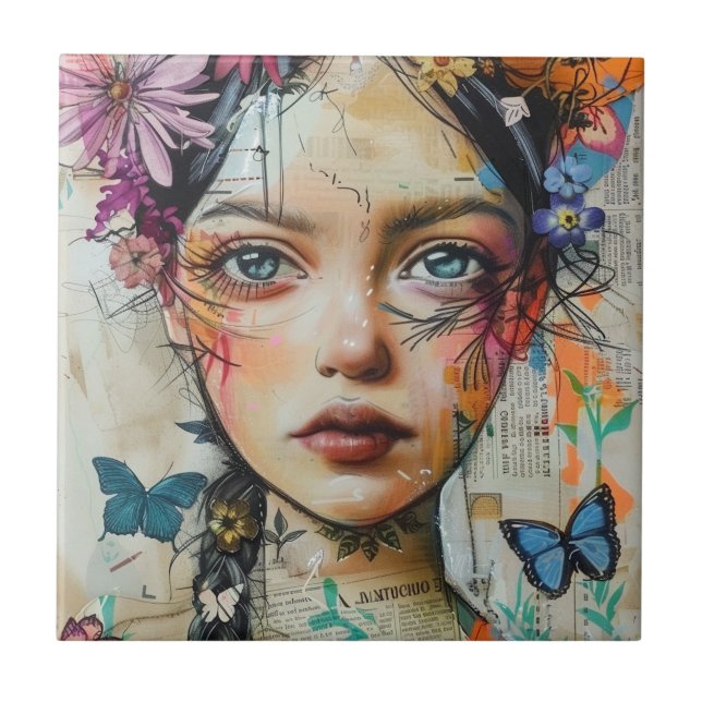 Mixed Media Collage Portrait Art (9) Tile (Front)