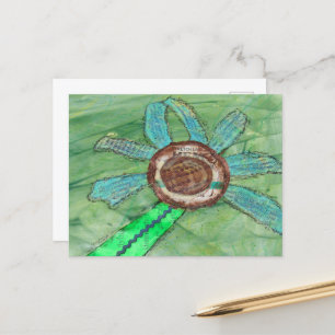 Mixed Media Flower on Green Postcard
