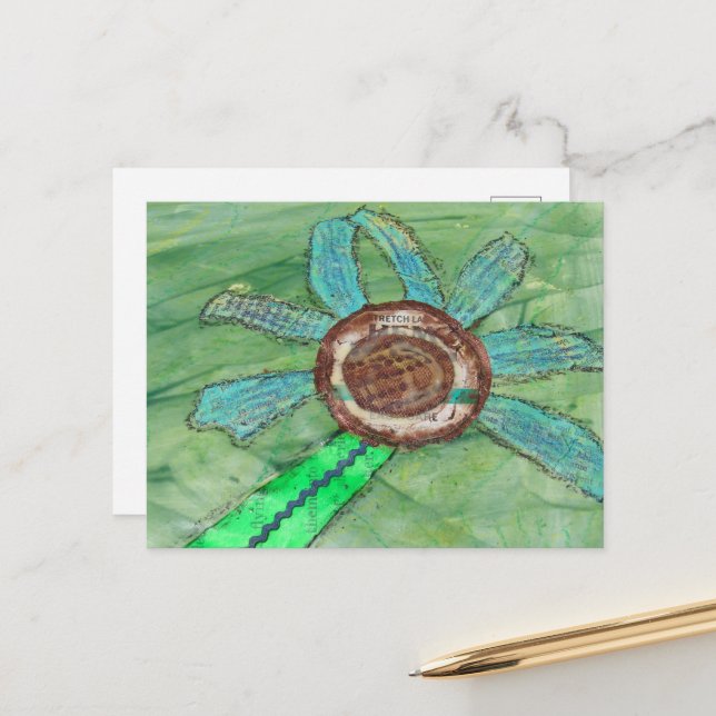 Mixed Media Flower on Green Postcard (Front/Back In Situ)