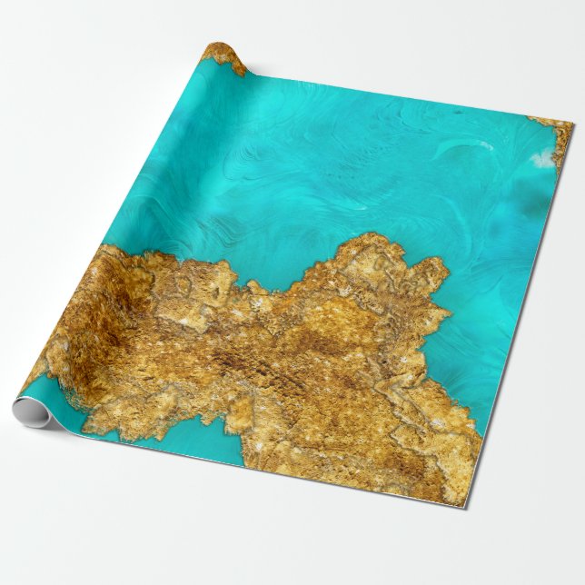 Mixed Media Gold and Turquoise Wrapping Paper (Unrolled)