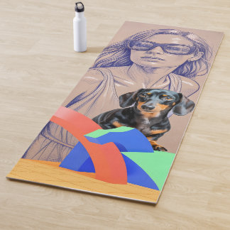 Mixed Media Illustration of a Woman and Dachshund Yoga Mat