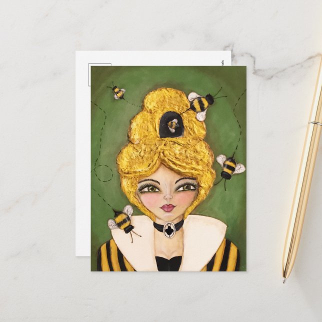 Mixed Media Queen Bee Hive Girl Fun Whimsical Art Postcard (Front/Back In Situ)