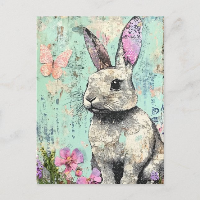 Mixed Media Rabbit Pink Butterfly and Flowers Postcard (Front)