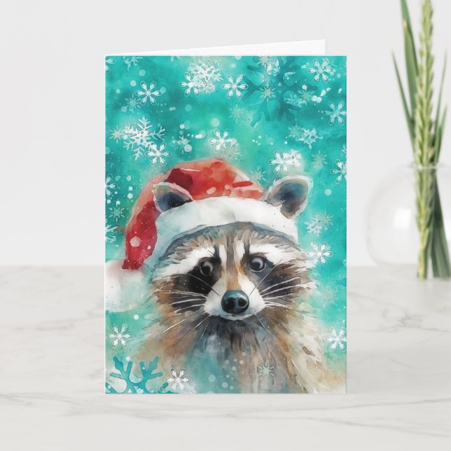 Mixed Media Raccoon Print Christmas Card AP438B1 (Front)