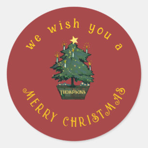 Mixed Media Retro Merry Christmas Tree Classic Round Sticker