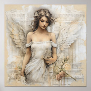 Mixed media romantic canvas with a beautiful Angel Poster