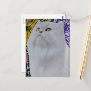 Mixed Media White Cat in Flowers collage Postcard