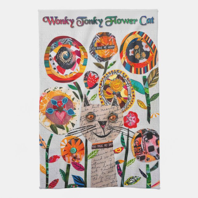 Mixed Media Wonky Cat and Flowers Kitchen Towel (Vertical)