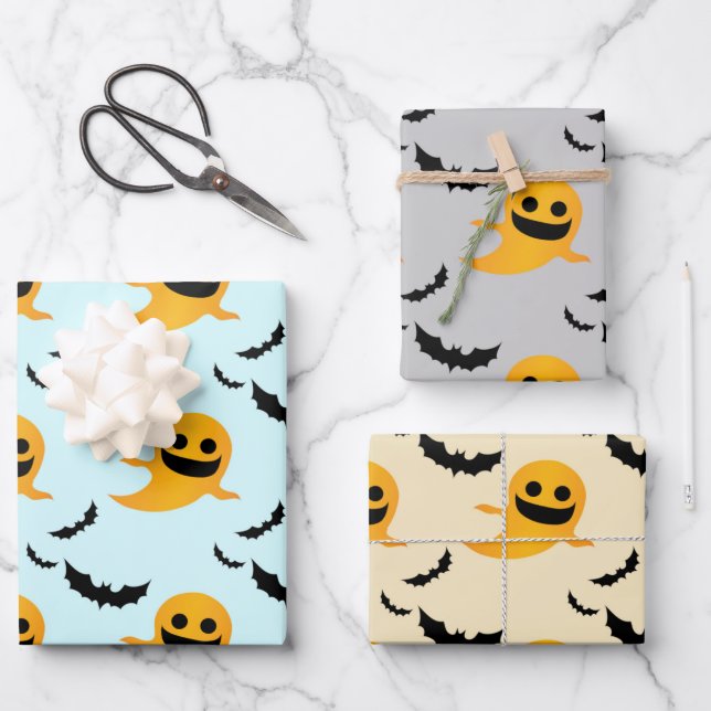 Mixed Pattern Little Boo Ghost Bats Halloween Gift Wrapping Paper Sheet (Front)