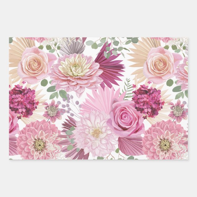 Mixed Pink Garden Flowers  Wrapping Paper Sheet (Front)