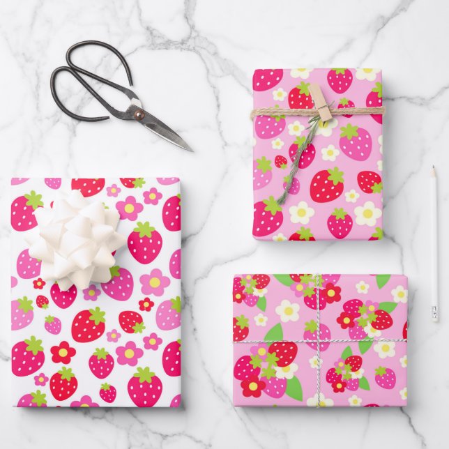 Mixed Pink & Red Summer Strawberries & flowers Wrapping Paper Sheet (Front)