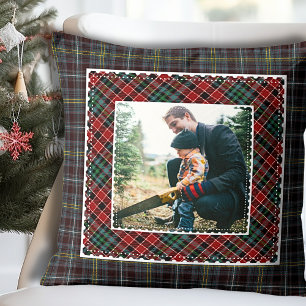 Mixed Plaid Modern Rustic Family Photo Throw Pillow