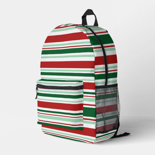 Mixed Red Green White Stripes Printed Backpack (Back Corner Right)