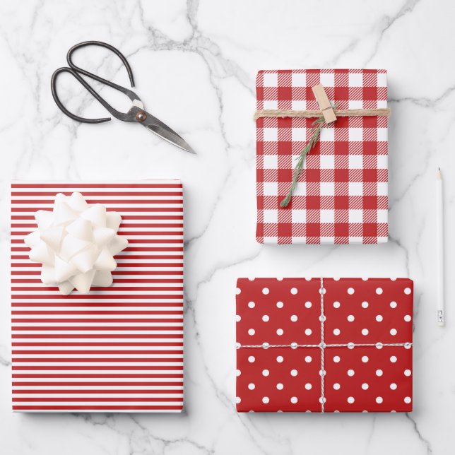 Mixed Red White Patterns Stripes Gingham Polka Dot Wrapping Paper Sheet (Front)