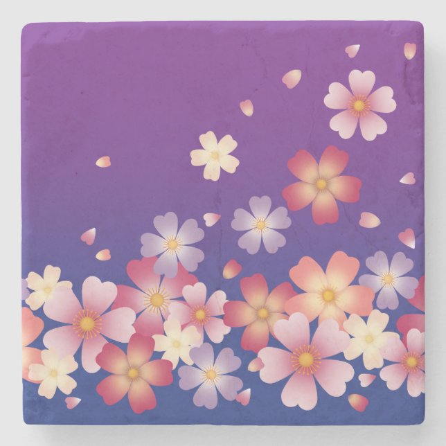 Mixed Sakura Blossoms Kimono Style Blue & Purple Stone Coaster (Front)