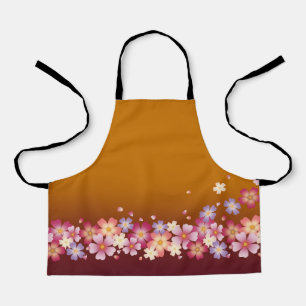 Mixed Sakura Blossoms Kimono Style Burgundy & Gold Apron