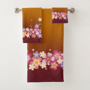 Mixed Sakura Blossoms Kimono Style Burgundy & Gold Bath Towel Set