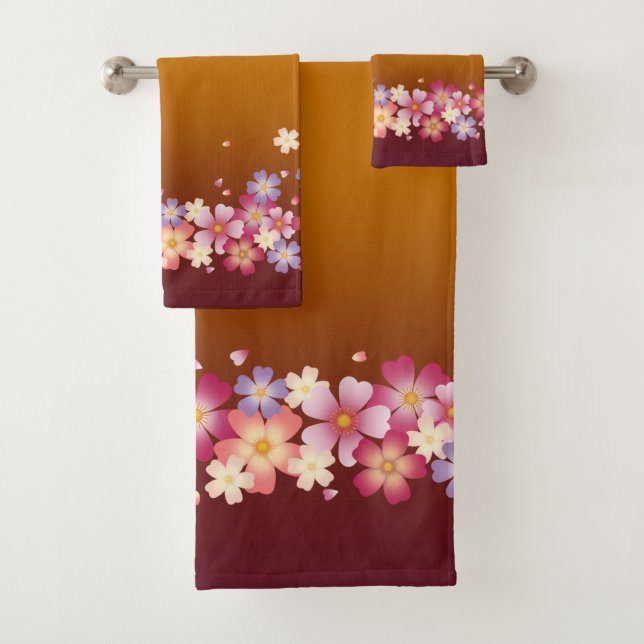 Mixed Sakura Blossoms Kimono Style Burgundy & Gold Bath Towel Set (Insitu)