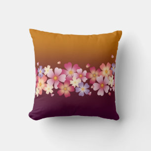 Mixed Sakura Blossoms Kimono Style Burgundy & Gold Throw Pillow