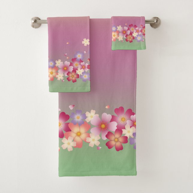 Mixed Sakura Blossoms Kimono Style Rainbow Bath Towel Set (Insitu)