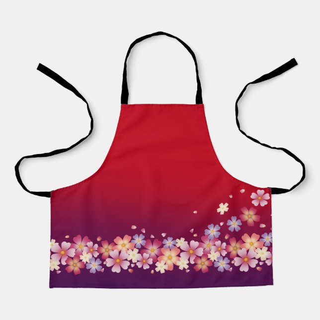 Mixed Sakura Blossoms Kimono Style Red & Purple Apron (Front)