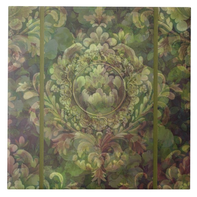 Mixed shades of green floral damask tile (Front)