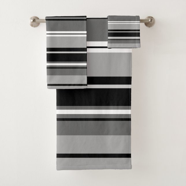 Mixed Striped Pattern Black White Greys Bath Towel Set (Insitu)