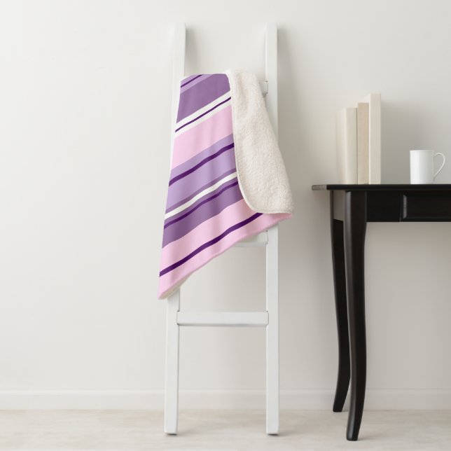 Mixed Striped Pattern Pinks Purples White Sherpa Blanket (In Situ)