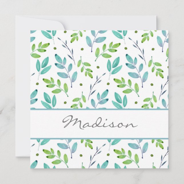 Mixed Teal, Green Watercolor Leaves Pattern   Card (Front)