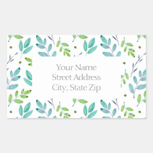 Mixed Teal, Green Watercolor Leaves Pattern Labels