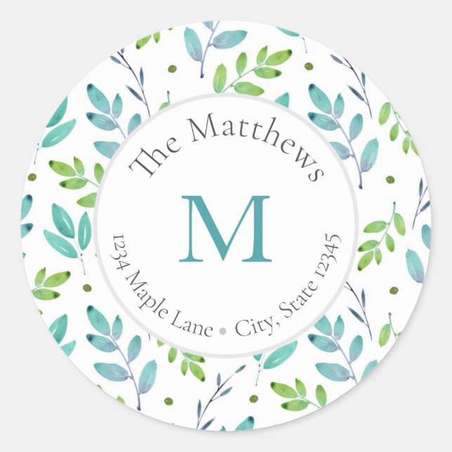 Mixed Teal Green Watercolor Leaves Pattern labels (Front)