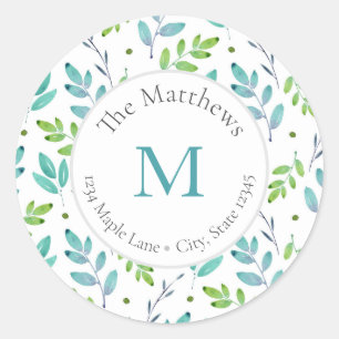 Mixed Teal Green Watercolor Leaves Pattern labels