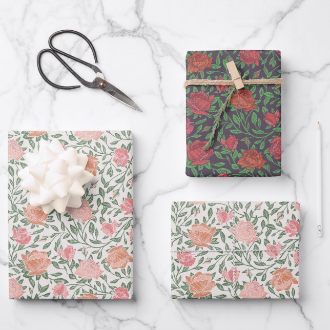 Mixed Victorian Perfect Red & Pink Roses Wrapping Paper Sheet (Front)