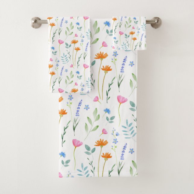 Mixed Watercolor Wildflowers Pattern Bath Towel Set (Insitu)