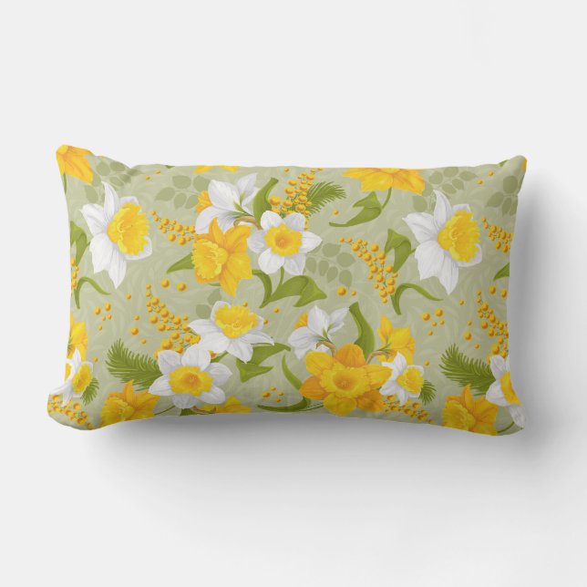 Mixed Yellow And White Daffodils Patterned Lumbar Pillow (Front)