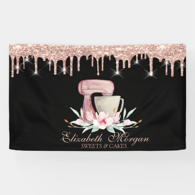 Mixer Flowers Rose Gold Drips Bakery Black Banner (Horizontal)