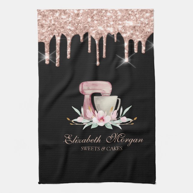 Mixer Flowers Rose Gold Drips Bakery Black  Kitchen Towel (Vertical)