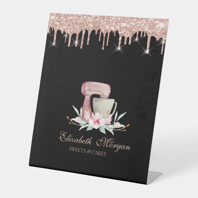 Mixer Flowers Rose Gold Drips Bakery Black Pedestal Sign (Front)