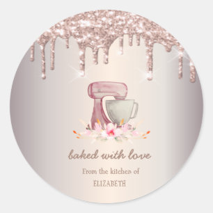 Mixer Flowers Rose Gold Glitter Drips Bakery Classic Round Sticker