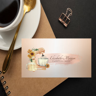 Mixer Sunflowers Rose Gold Brush Stroke,Bakery Business Card