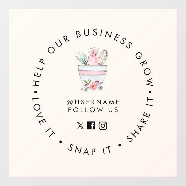 Mixing bowl Bakery Pale Pink Social media follow Window Cling (Sheet)