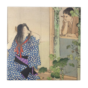 Mizuno Toshikata, Bijin combing hair vintage japan Tile