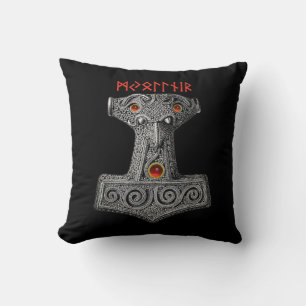 MJOLNIR Hammer of Thor, Viking Mythology Black Throw Pillow