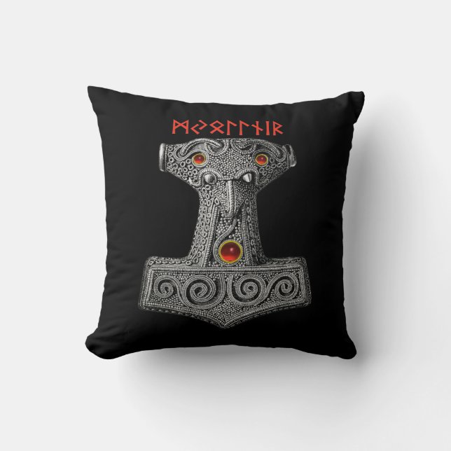 MJOLNIR Hammer of Thor, Viking Mythology Black Throw Pillow (Front)