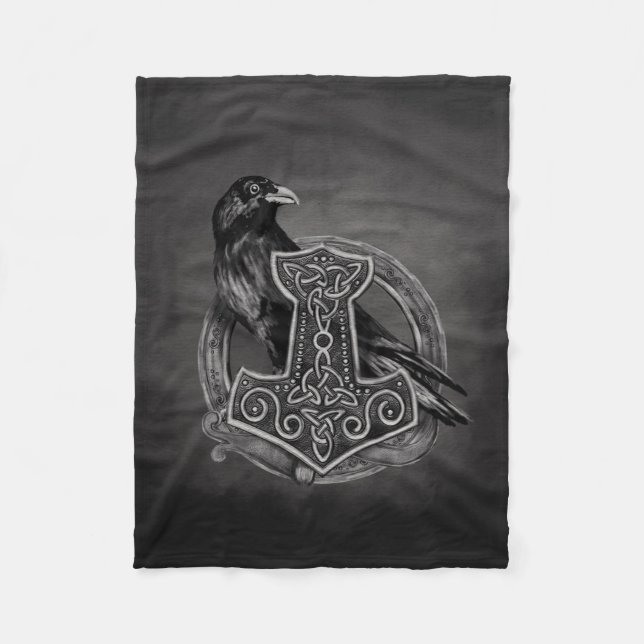 Mjolnir - The hammer of Thor and raven Fleece Blanket (Front)