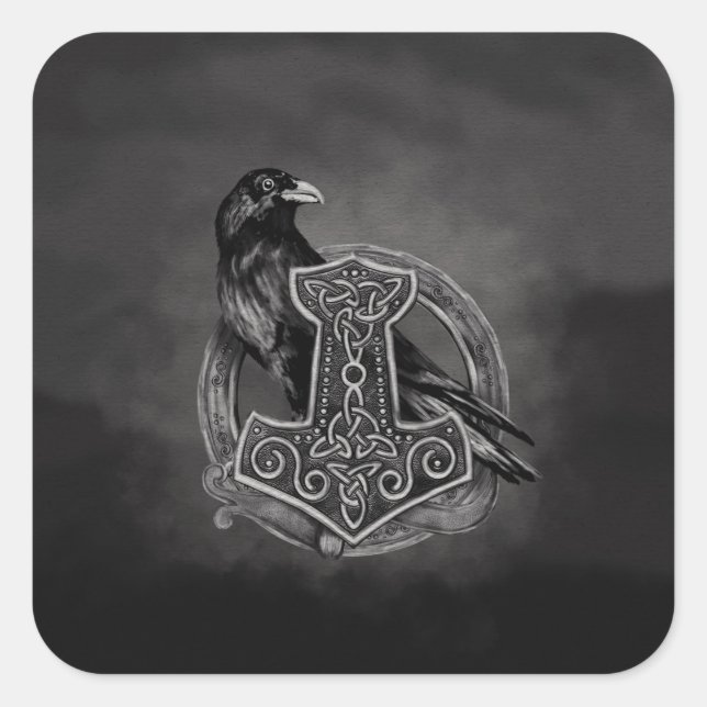 Mjolnir - The hammer of Thor and raven Square Sticker (Front)