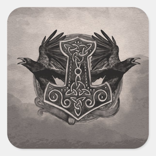 Mjolnir The hammer of Thor and ravens Square Sticker (Front)
