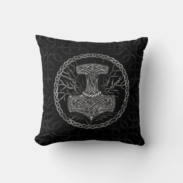 Mjolnir - The hammer of Thor and Tree of life Throw Pillow (Front)
