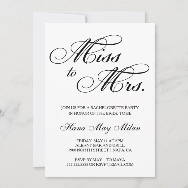 Mlle à Mme Bachelorette Invitation (Devant)