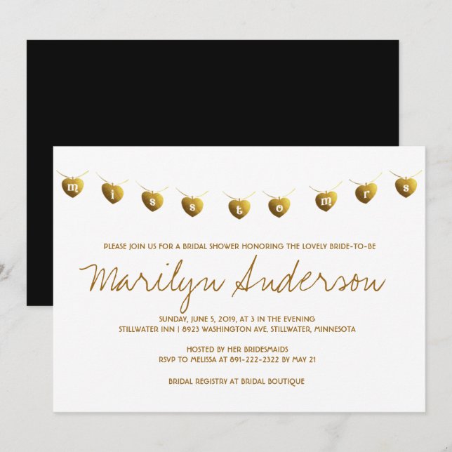 Mlle À Mme Modern Gold Fête des mariées Invitation (Devant / Derrière)